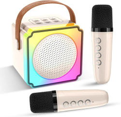 Oppladbar Trådløs Karaoke-maskin med 2 Mikrofoner RGB LED og Stemmeskifter
