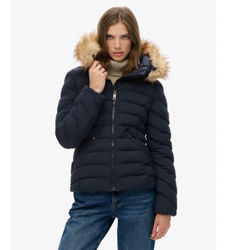 Superdrytil kvinder. W5012000A Fuji quiltet jakke i imiteret pels navy (L), Casual, Genanvendt polister, Bæredygtig, Blå