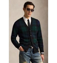Polo Ralph Laurentil mænd. 710B23895001 Uldcardigan med grønne og marineblå tern (S), Flerfarvet, Bomuld, Klassisk