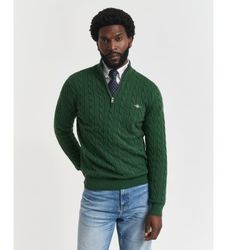 Ganttil mænd. 8050603 Grøn cable-strikket sweater med kort lynlås (XL), Casual, Bomuld