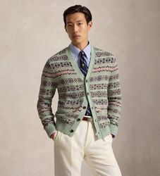Polo Ralph Laurentil mænd. 710B17549001 Grøn Fair Isle-cardigan i hør og bomuld (S), Casual, Linned