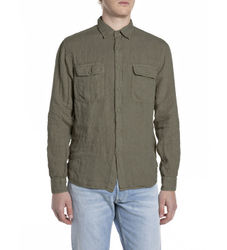 Replaytil mænd. M4147.000.81388B Grøn lomme-skjorte i hør (L), Casual, Linned, Lange ærmer