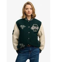 Superdrytil kvinder. W5012061A Patched Varsity Bomber Jacket grøn (S), Casual, Bomuld