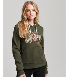Superdrytil kvinder. W2011958A Grafisk sweatshirt med hætte Tattoo Script grøn (XS), Casual, Sport, Bomuld