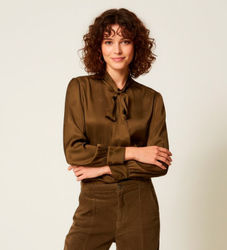 Twinsettil kvinder. 252TT2361 Jacquard-skjorte i satin, grøn (44), Casual, Viscose, Lange ærmer