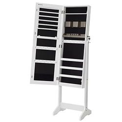 Songmics Jewelry Cabinet Armoire, fritstående låsbar opbevaringsarrangørenhed med 2 plastkosmetisk opbevaring, rammeløst spejl i fuld længde, til halskædeørering, hvid ujjc002w01