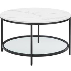 Vasagle LCT071B13 sofabord, stuebord, sofabord, med glas top, stor opbevaringsplads, let samling, moderne stil, hvid marmoreffekt, sort ramme