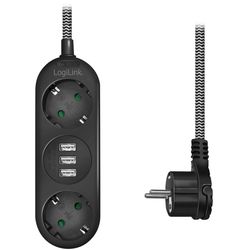LogiLink Strømskinne med jording 2-veis 3xUSB Flat plugg
