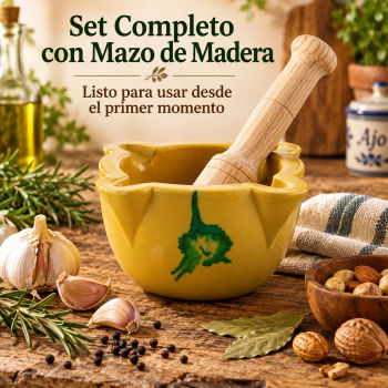 Juego de Mortero y Mazo de Loza Amarilla Chovi - Diseño Tradicional y Decorativo para Ajo, Especias y Hierbas - Fácil de Limpiar y Duradero