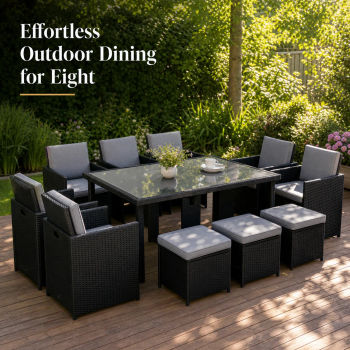 Juego de Comedor de 11 Piezas de Mimbre Sintético con Cojines, Muebles de Jardín Negros para Patio, Terraza y Porche, Mesa y Sillas