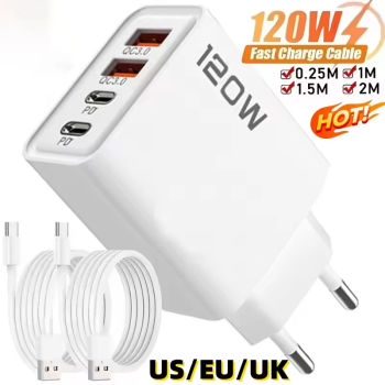 Cargador de 120W, carga ultra rápida tipo C GaN, cargador de teléfono USB-C QC 3,0, adaptador de cargador de teléfono para iPhone, Samsung y Xiaomi