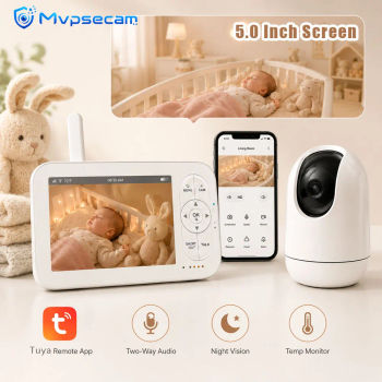 Monitor inalámbrico para bebés con pantalla LCD de 5 pulgadas, cámara WiFi, aplicación y pantalla, control dual, audio bidireccional, visión nocturna por infrarrojos, monitorización de temperatura,