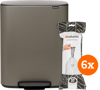 Brabantia Bo Pedal Bin 60 Liter Platinum + Vuilniszakken (120 stuks)