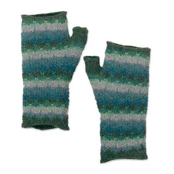 Millpu Waters,'Knit Turquoise Blue Green 100% Baby Alpaca Fingerless Mitts'