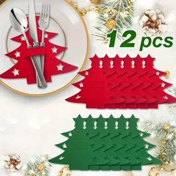 12Pcs Felt Christmas Tree Cutlery Rack Fork Spoon Bag Christmas Table Decoration Cutlery Bag Xmas Party Festival Table Ornament