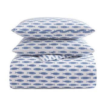 Woodblock Fish Blue Twin Duvet Cover Set