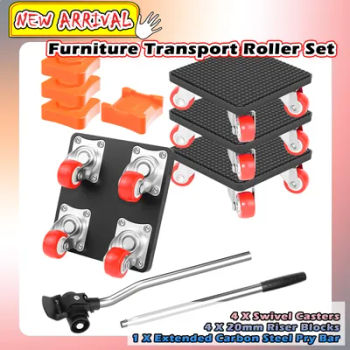 Furniture Transport Roller Set, Furniture Sliding System with Furniture Lifter, 360 Degree Rotating Wheels