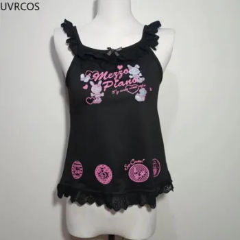 Gothic Y2k Aesthetic Bunny Print Lolita Vest Japanese Cartoon Rabbit Kawaii Cute Tank Top Punk Style Harajuku Lace Camisoles Top