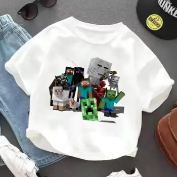 Miner Crafting Pixel T-shirt pour enfants mignon dessin animé blanc haut en coton T-shirt jeu de mode à manches courtes enfants vêtements amples cadeau