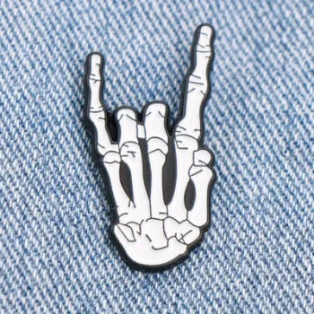 Edgy Skeleton Hand Rock On Gesture Enamel Pin - Black & White Contrast Design for Clothing, Bags
