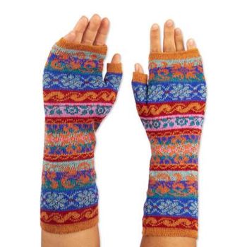 Andean Delight,'Patterned 100% Baby Alpaca Fingerless Mitts Knitted in Peru'