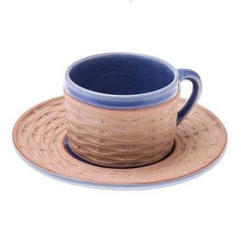 Wicker in Blue,'Handcrafted Wicker Motif Blue Ceramic Cup and Saucer'