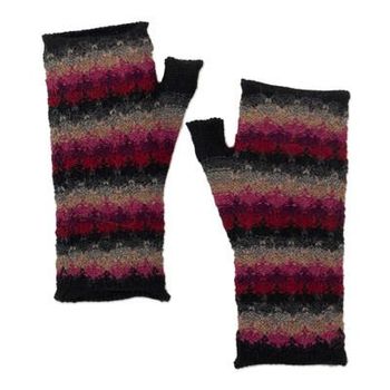 Magic in Purple,'Knit Black Grey and Purple 100% Baby Alpaca Fingerless Mitts'