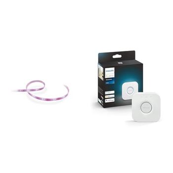 Philips Hue Lightstrip Plus 2 meter: LED-ljusslinga för inomhusbruk, startpaket med nätaggregat & Philips Hue Bridge: kontrollenhet för Philips Hue smart belysning, ZigBee