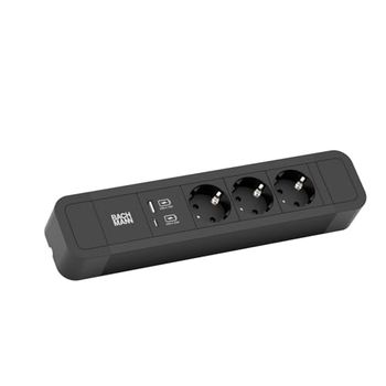 Bachmann Stekkerdoos PRIMO 2 ALU, 3-voudig, zwart, 2,0 m, 1x USB A+C oplader