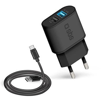 SBS Caricabatterie da parete 10W con 2 uscite USB-A, caricatore da muro per iPhone, Samsung, Oppo, Xiaomi, Kit con Cavo USB-A a USB-C lungo 1 metro