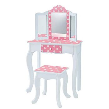 Teamson Kids Kaptafel en Stoel Voor Kinderen - Houten - Polka Dot - Roze/Wit
