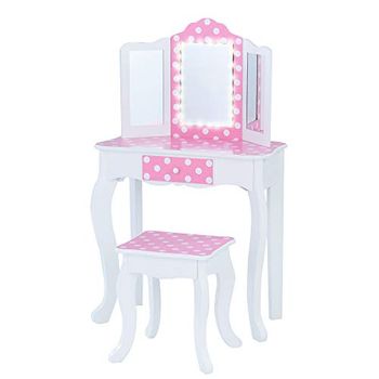 Teamson Kids Houten Kaptafel Kinderen - Met LED Licht Spiegel - Tafel en Stoel Set - Polka Dot - Roze/Wit