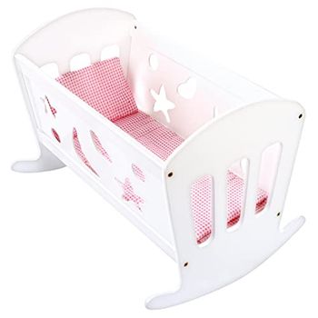 Bino 83699 - White Wooden Dolls Cot. Wooden Doll Crib With Mattress, Pink Linens, Blanket And Pillow. Size approx. 49x37x36 cm.