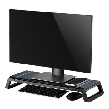 Ewent RGB Foldable Monitor Stand, Adjustable Screen Mount, Width Adjustable Desktop Monitor Screen Riser, with Storage Drawer+Smartphone/Tablet Stand+ 4 USB, for PC/iMac/Printer/Laptops/TV, Black