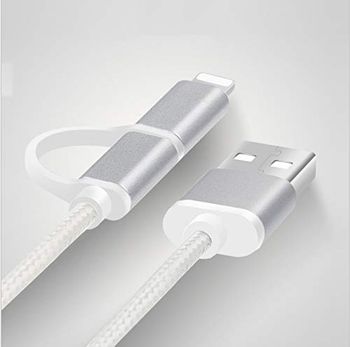 2-i-1-kabel för Samsung Galaxy Ace 4 Android & Apple Micro USB Lightning Adapter 1 m metall nylon silver