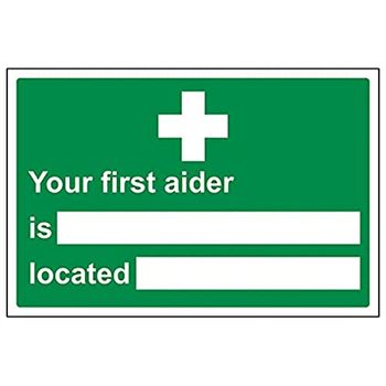 V Safety First Aider/Located Sign - 300mm x 200mm - Self Adhesive Vinyl