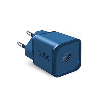 SBS Caricabatterie Portatile per Samsung, iPhone, Xiaomi, Oppo, Caricatore Gan rapido da 20W per Smartphone e Tablet, Caricabatterie Power Delivery Veloce e Sicuro con USB-C, Blu