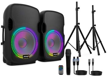 Audibax Party 212 - Lot de 2 Haut-parleurs 12" Actifs et Passifs - Puissance 400W - Enceinte Amplifié - Connexion USB/SD - Support + Câble + Microphone - Haut-Parleur Bluetooth - Illumination LED