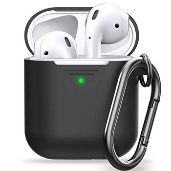 Keybudz PodSkinz AirPods Case Elevate [LED Visible] Beschermende siliconen hoes compatibel met AirPods 1 & AirPods 2 (Gen 2) (met karabijnhaak, zwart)