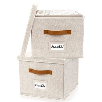 ZICOTO Decorative Ivory File Box Organizer Set of 2 - Collapsible Linen Cabinet for Easy Folder Storage - Store All Your Documents in Style