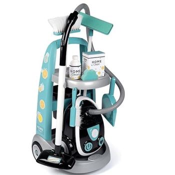 Smoby Toys - Cleaning Trolley with Vacuum Cleaner & Accessories for Children from 3 Years - 9-Piece Toy Cleaning Set with Trolley & Sound