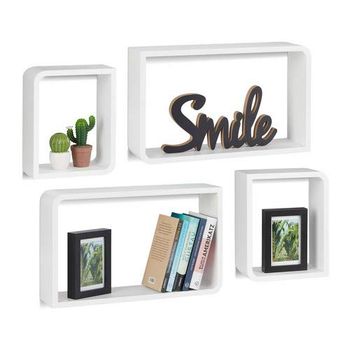 Relaxdays wandrek, set van 4, hangkast, cube, voor boeken, dvd's, decoratie, rechthoekig, ongelijkmatig, wit