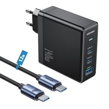 NOHON Oplader USB C snellader: 140 W PD 3.0 GaN voeding met kabel type C snel opladen 140 W 1,2 M | 3 poorten compatibel met iPhone 12 13 14 MacBook iPad laptop Samsung Galaxy S
