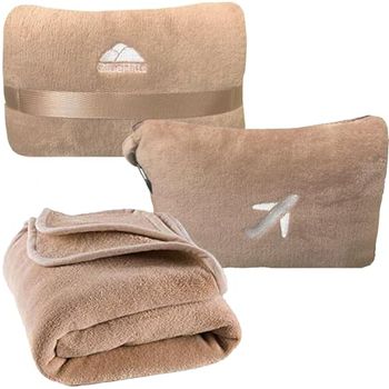 BlueHills Travel Blanket Pillow in Mini Soft Case Premium Plush Airplane Blanket in Soft Bag Compact Pack with Luggage Belt and Backpack Clip - Beige M06, M