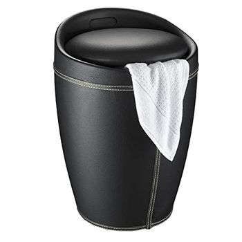 WENKO Badkruk, Candy, in lederlook, zwart, kruk met opbergruimte voor de badkamer en woonkamer, geïntegreerde wasverzamelaar, ABS-kunststof, BPA-vrij, inhoud 20 l, Ø 36 x 50,5 cm