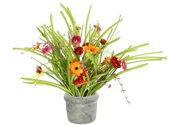 Bloembos in pot, kunstgras struik met margrieten, kunstbloemen, grasband, gerbera, kunstgras, bundel, staand gras, bloemen, gras, plukken, decoratie, kunstplant, gras, struiken