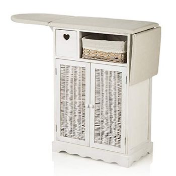 Baroni Home Mobile da Stiro Shabby Chic Bianco con ASSE e 1 Cesto in Vimini e 2 Ante 66X37X87 cm 2 Ante 1 cesta Vimini