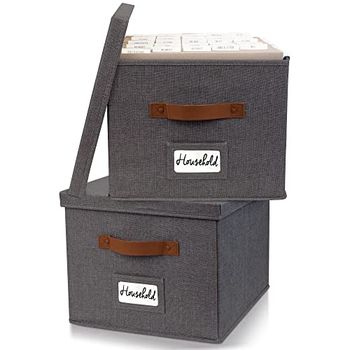 ZICOTO Decorative Gray File Box Organizer Set of 2 - Collapsible Linen File Cabinet for Easy File Folder Storage - Store All Your Documents and File Folders in Style