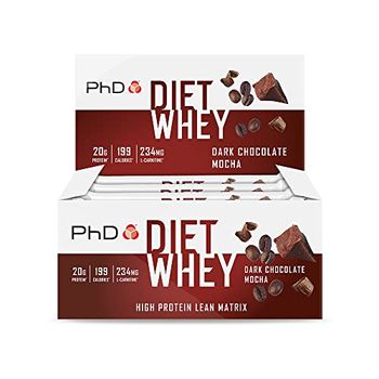 PhD Nutrition Diet Whey Bars | Dark Chocolate Mocha | High Protein, Low-Sugar, Indulgent Chocolate-Coated Protein Bars | 20g Protein, 199 Calories, 234mg L-Carnitine | Pack of 12 x 63g Bars