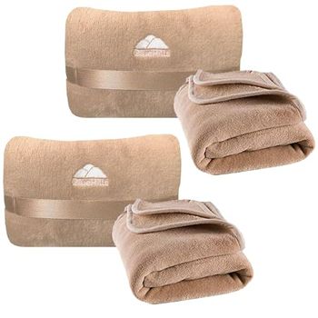 BlueHills 2-Pack Mini Premium Soft Plush Travel Blanket Pillow Airplane Essentials for Two in Bag Flight Traveling Warm Portable Plane Blankets Beige - M26